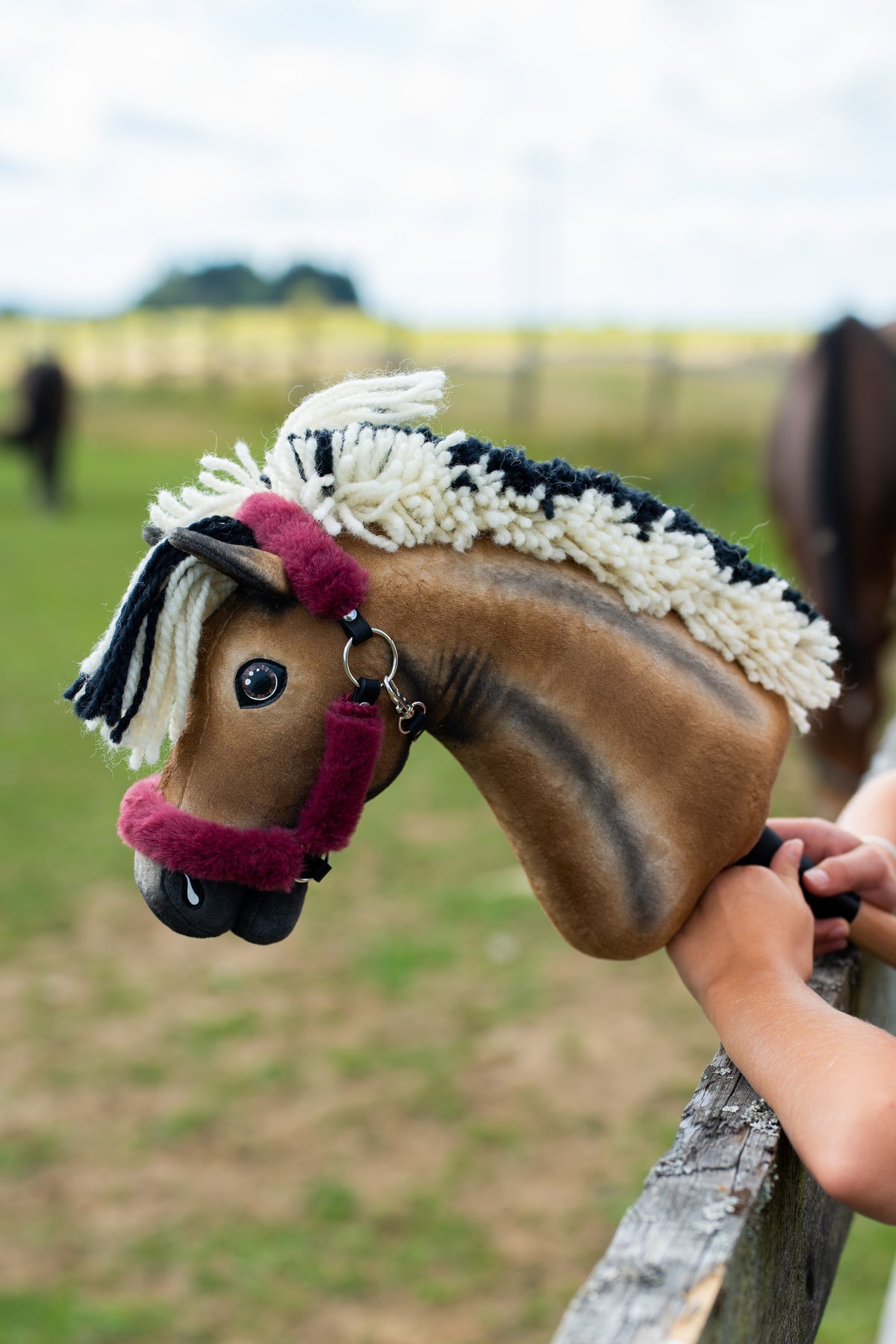 Hobby Horse Ozzy con cavezza bordeaux in pelliccia appoggiato a una staccionata di legno, cavalli veri nel paddock dietro