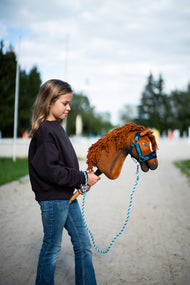 Una ragazza con felpa scura porta l'Hobby Horse Pippa con Cavezza nera di Hobby Horse LarDen lungo un sentiero sabbioso accanto al campo, testa in peluche sauro e criniera in filato ramato, qui mostrato con cavezza LarDen Blue foderata di pelliccia e lunghina Bloom Blue