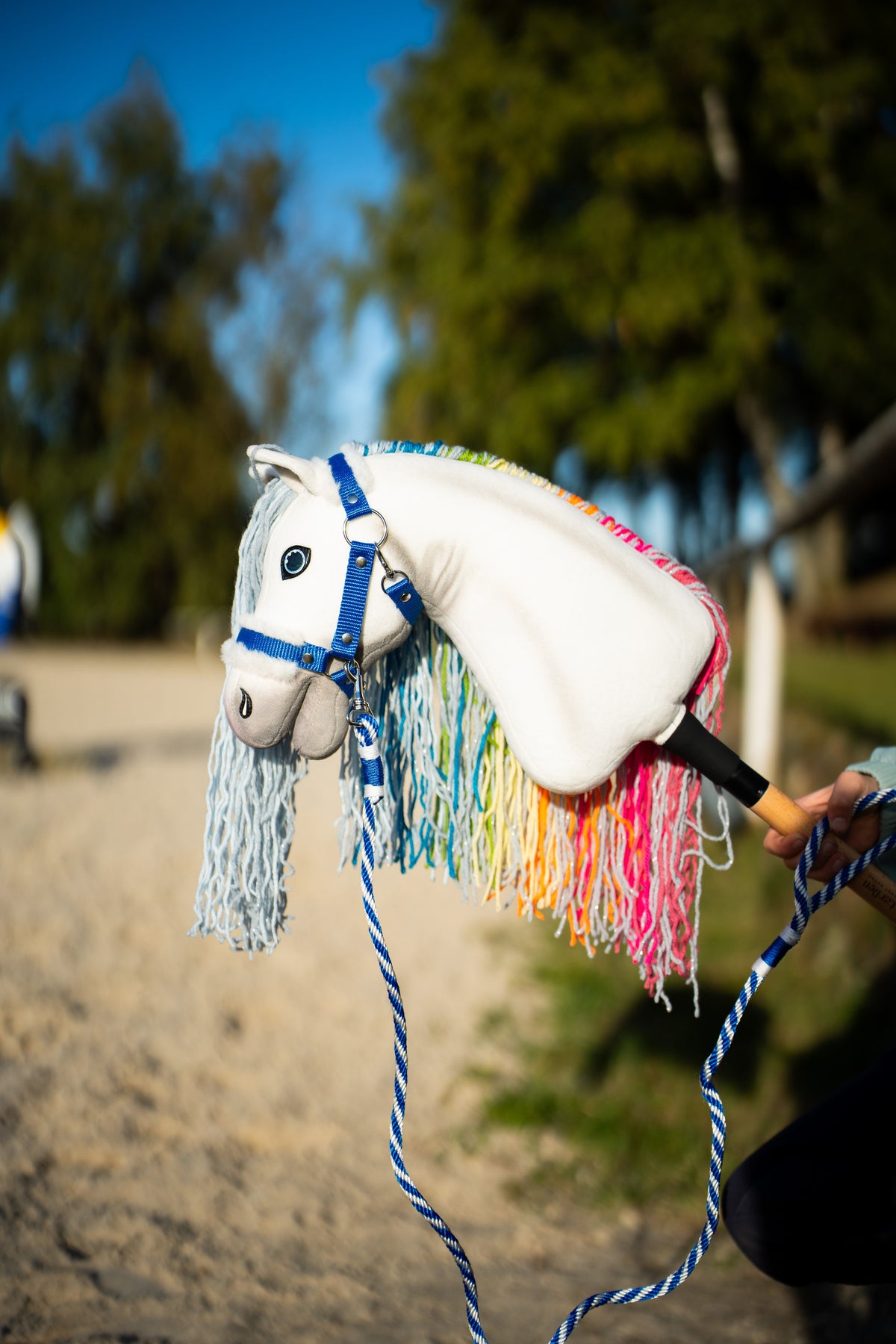 Detail photo: the head of the Hobby Horse Rainbow New by Hobby Horse LarDen by the riding arena - white plush, long pastel rainbow yarn mane - shown here with the Halter blue with fur and the blue and white Lead rope stripe blue.