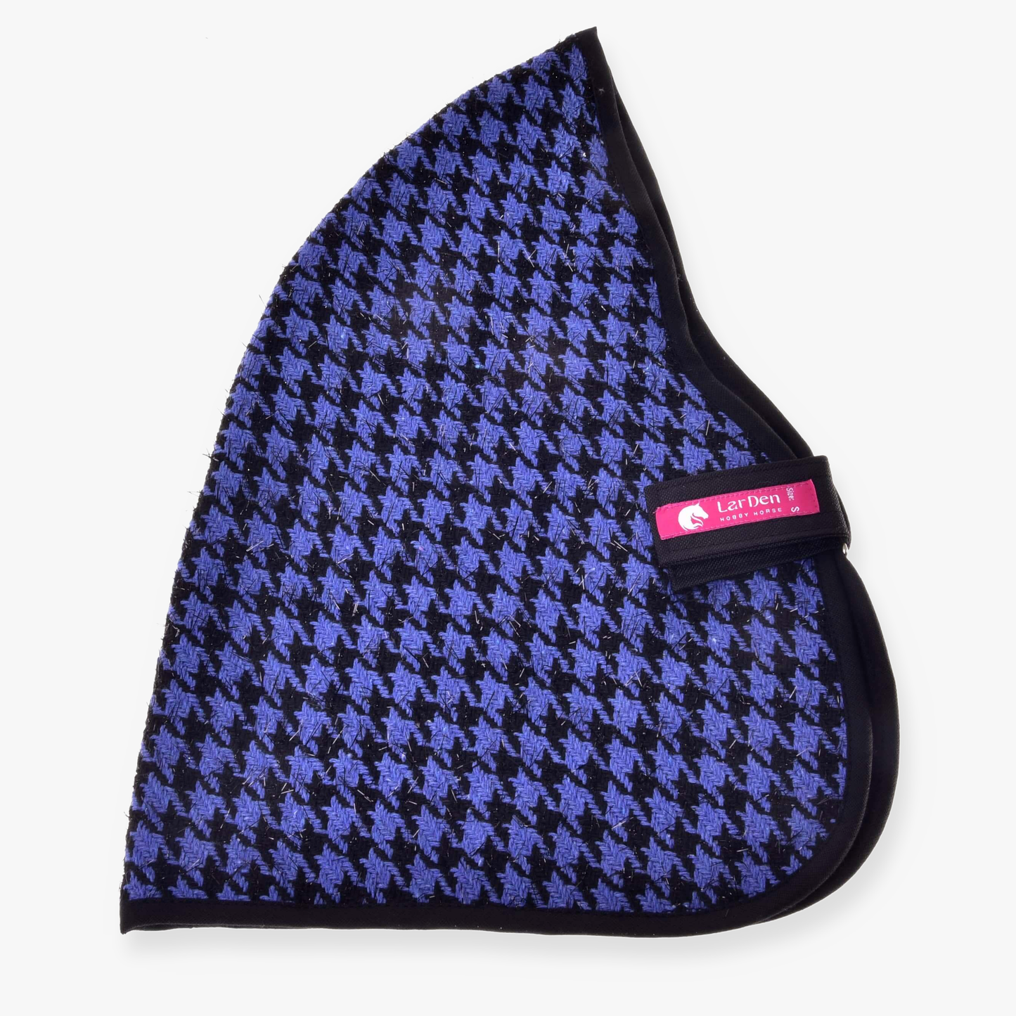 A blue and black houndstooth-patterned horse ear bonnet with black trim and a pink tag, perfect for pairing with your Hobby Horse LarDen Stable Blanket Blue during horse training or hobby horse activities.