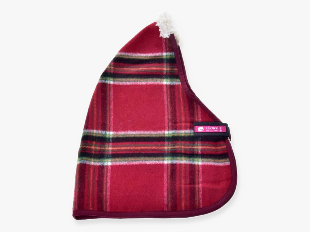 The Stable Blanket Christmas by Hobby Horse LarDen features a red and green plaid design, white fleece trim, and a pink side label—perfect for horse training and added protection.