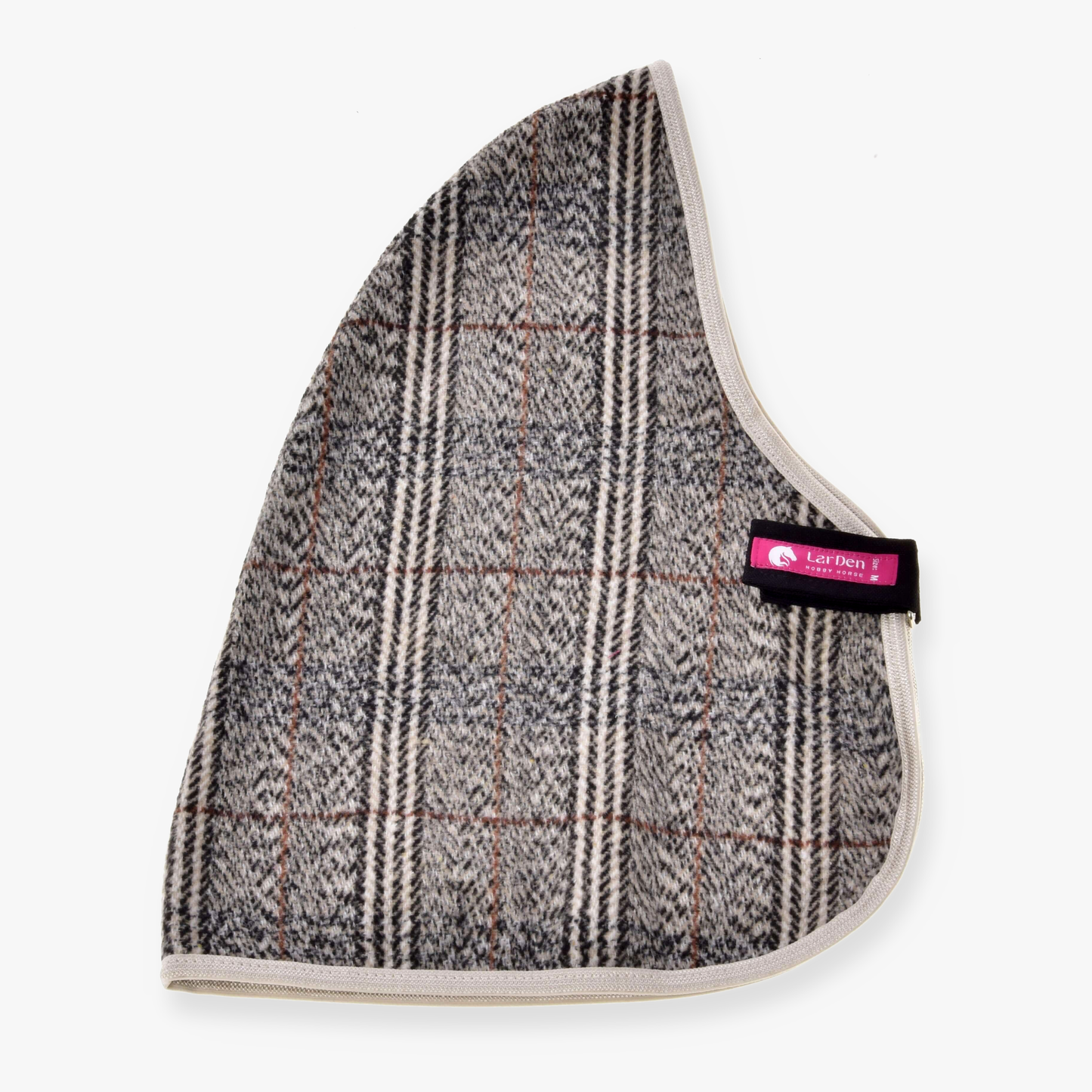A gray and beige plaid ear cover with white trim and a pink LeMieux tag, shown on a white background—ideal for pairing with your Hobby Horse LarDen Stable Blanket Fine Check.
