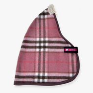 The Stable Blanket Lady by Hobby Horse LarDen is a pink, brown, and white plaid fleece hat with a triangular shape, gray trim, soft white tip, and Velcro strap with a pink “Ear Bon” label—cozy like a hobby horse blanket.
