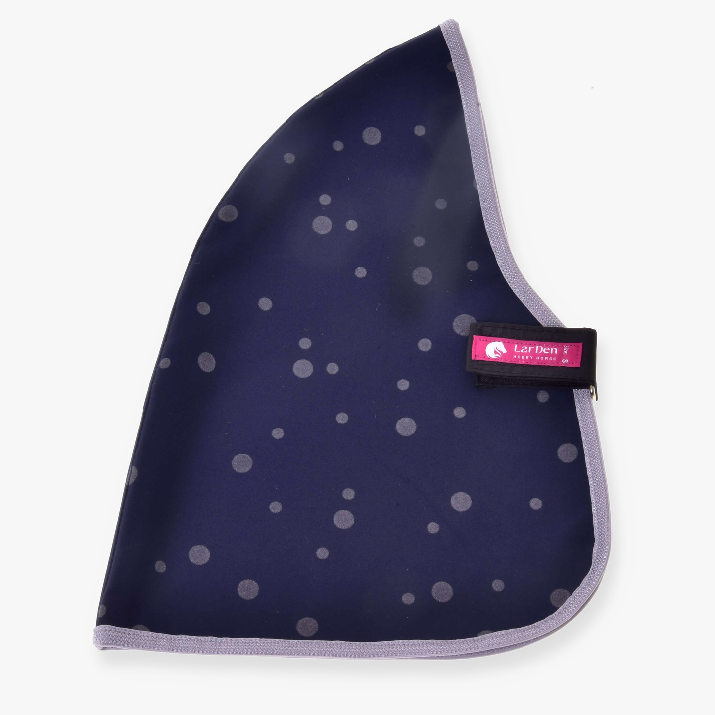 A dark blue, polka-dotted triangular Stable Blanket Night Sky with light gray trim and a pink Hobby Horse LarDen label, laid flat on a white background.